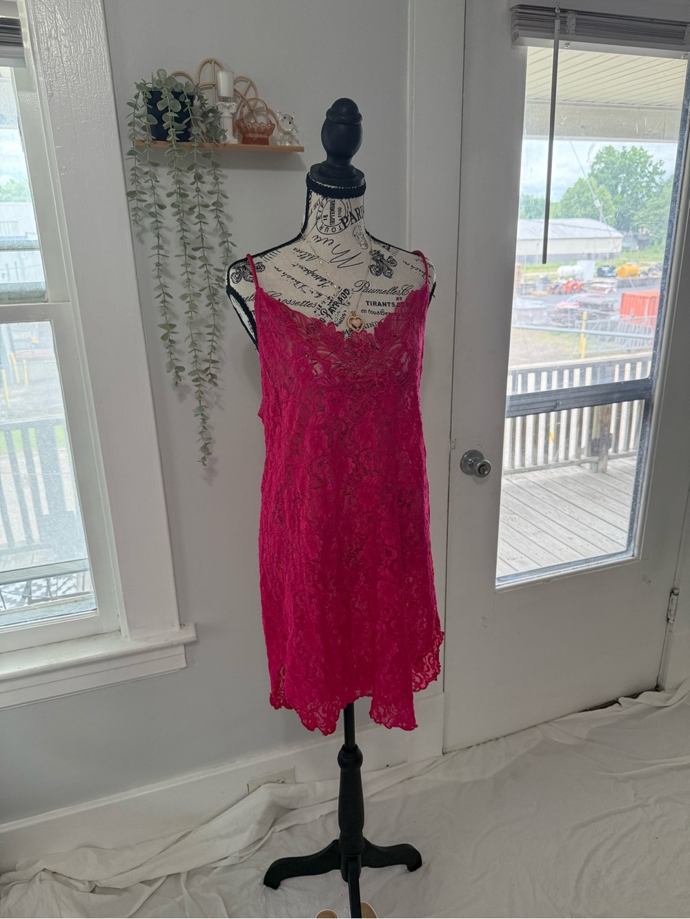 Cinema Etoile Y2K Vintage Fuchsia Pink Lace Midi Slip Dress with Straps